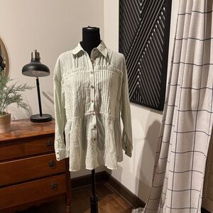Listicle Light Green  and white Striped ruffle seam button down medium